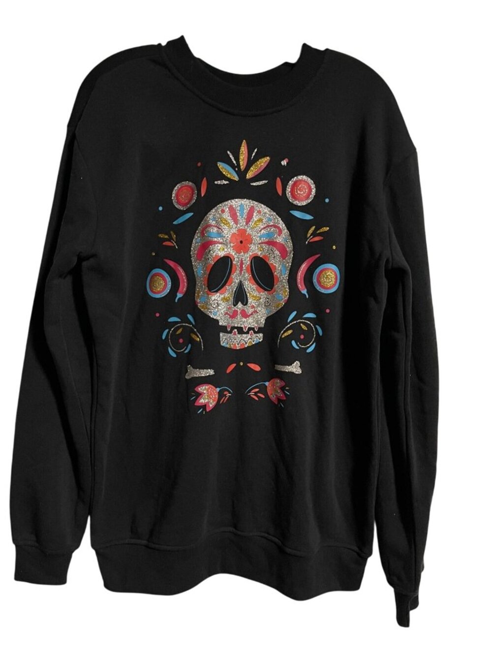 Black Sugar Skull Glitter Graphic Crewneck Sweatshirt Womens S Skeleton Graphics